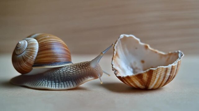 Snail vs Shell. Living vs Non-Living Objects. Education Video. a living snail on the left and an empty shell on the right, set in a natural neutral background, feels calm and educational

