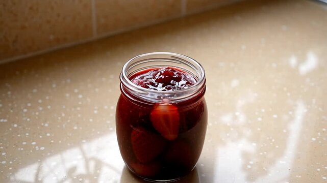 Human hand removing lid from glass jar filled with red strawberry jam