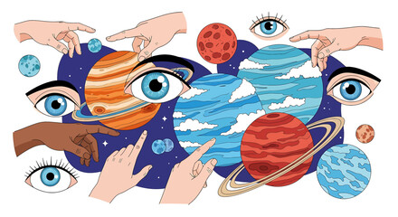 Eyes and hands touching planets solar. © Mubari