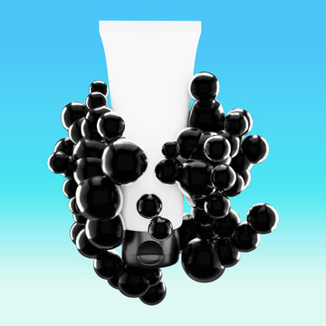 3D White Cosmetic Tube with Floating Black Spheres