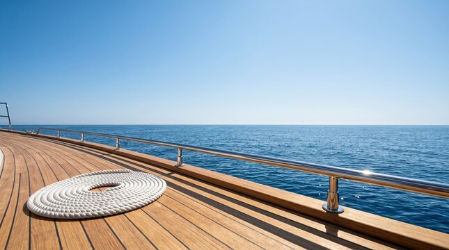Elegant teak deck of a luxury yacht with a coiled rope on a bright sunny day cruising open waters for tranquil escape concept and summer journey