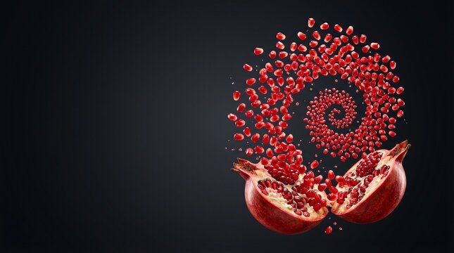 Fresh pomegranate halves exploding with vibrant red seeds flying in a captivating spiral against a dramatic dark backdrop for vitality concept