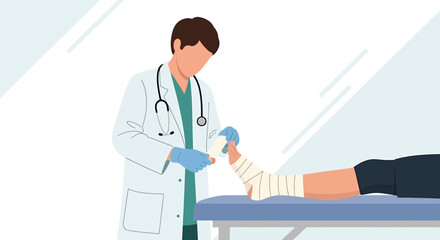 Obraz premium Doctor bandaging injured foot of patient on examination table, medical care concept