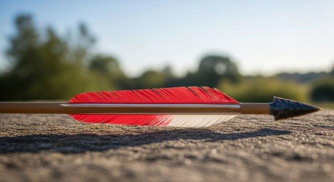 Close-up of an arrow with red fletching on a wooden surface.
