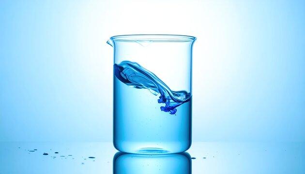 Blue ink dissolving in water in a clear beaker, creating a mesmerizing swirl.