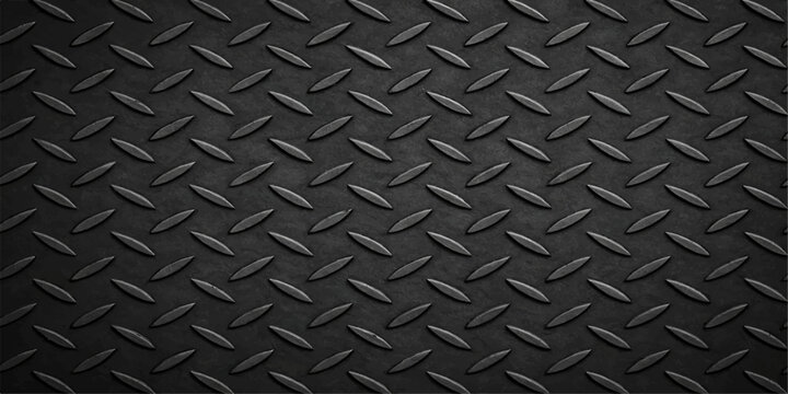 A dark industrial seamless silver gray diamond pattern steel plate texture provides a metallic aluminum sheet surface for a rough grunge construction background