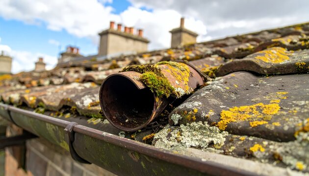 Close-up of a weathered roof with moss and lichen, featuring an old pipe and a gutter under a cloudy sky.
