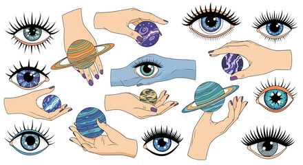 Hands holding planets and human eyes. © Sumi