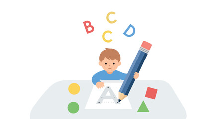 A cute boy sits at a table and practices writing the letter A with a giant pencil surrounded by colorful geometric shapes and floating letters.
