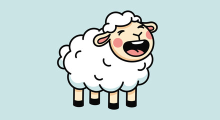 Obraz premium Happy Cartoon Sheep Laughing with Joy on Light Blue Background