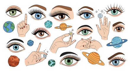 Eyes and hands with planets and space. © Sumi