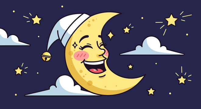 Happy Crescent Moon Character with Sleep Cap and Stars