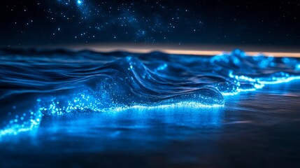 bioluminescent island shoreline at night, glowing blue waves, generative ai