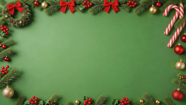 Complete Christmas Ornament Flat Lay Border with Candy Canes on Green. Christmas Background, Christmas, Christmas Tree, Merry Christmas, Christmas Wallpaper
