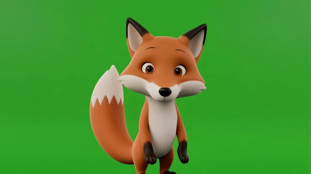 A 3D animated fox character stands on a green screen background.