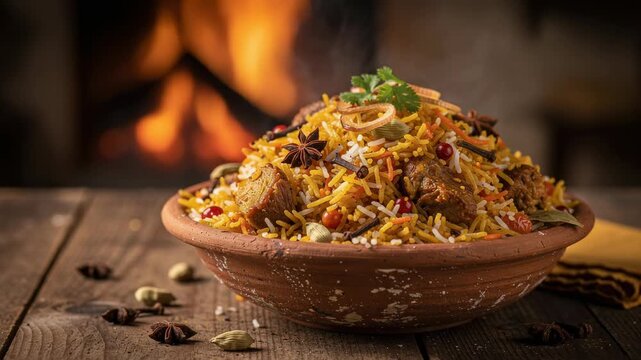 Delicious traditional biryani rice with spiced meat and vibrant herbs served in rustic bowl with warm background
