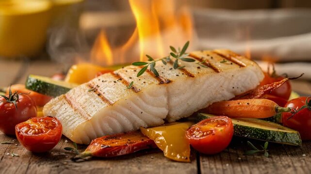 Delicious grilled fish fillet with fresh roasted vegetables and herbs on rustic wooden surface