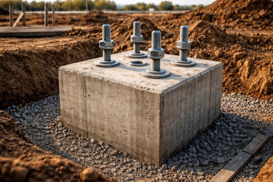 Concrete foundation building with anchor bolts for light pole installation