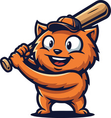 Naklejka premium Cute Cat Baseball Player Mascot Vector Illustration, Sporty Kitten Character with Bat and Cap