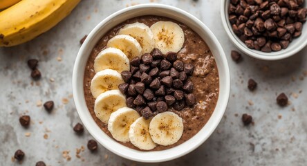 Fototapeta premium Tasty bowl of chocolate oatmeal porridge topped with sliced bananas and chocolate chips plus copy space