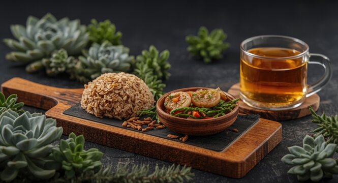 Tasting Indonesian jajan pasar with cireng and combro and jasmine tea served on wooden board surrounded by minimalist succulent plants