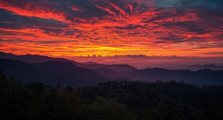 Obraz premium Manga style depiction of hills and clouds at dawn with vibrant red and green colors