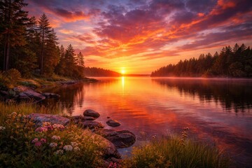 Fototapeta premium Vibrant Sunset Over Calm Lake Surrounded by Lush Forest and Wildflowers