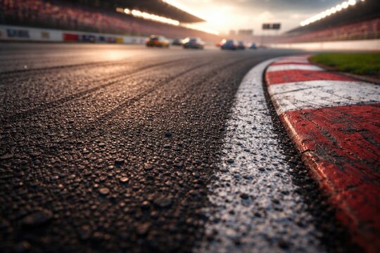 Detailed close up of textured asphalt race track surface highlighting the dynamic motorsport racing event