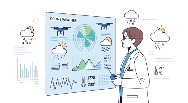 Scientist analyzes drone weather data on futuristic screen with charts and weather icons