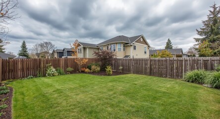 Obraz premium Suburban backyard scene with a wood fence around a colorful house and a lush garden under a cloudy sky