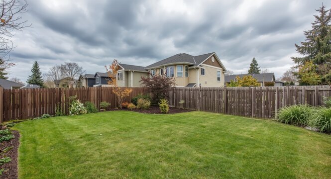 Suburban backyard scene with a wood fence around a colorful house and a lush garden under a cloudy sky