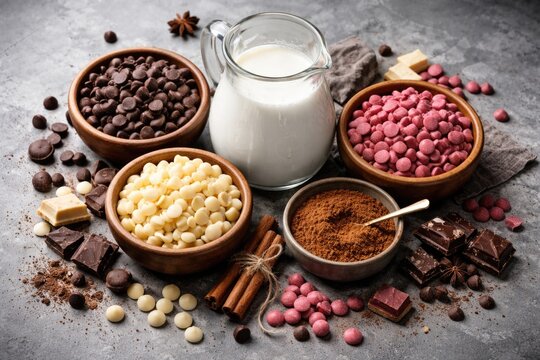 High angle view of hot chocolate ingredients with white milk ruby and dark chocolate chips and a glass of milk over gray background
