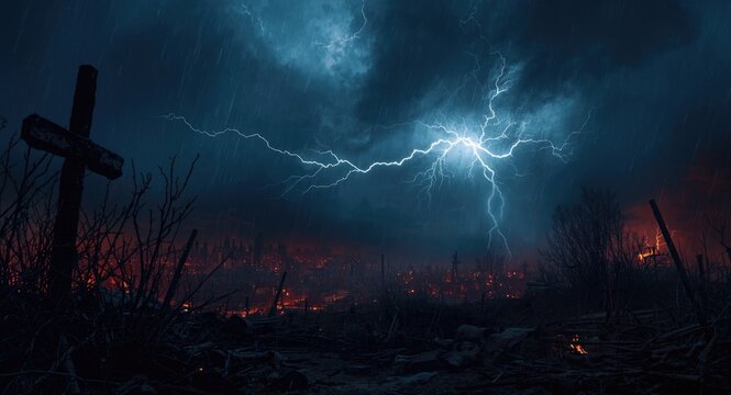 Stormy apocalyptic night with powerful lightning and ominous silhouettes over a mystical hellscape