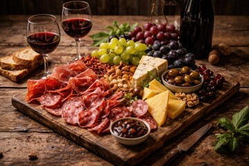 Fototapeta premium Rustic meat and cheese platter with red wine and fresh grapes on wooden surface