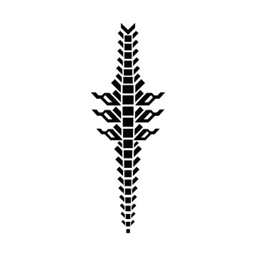 A stylized black and white illustration of a reptilian spine or tail with sharp, angular protrusions.
