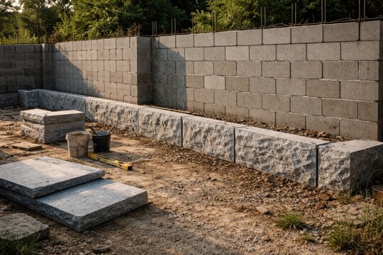 Outdoor site showing textured cinder block wall construction with granite stone slabs and dirt foreground