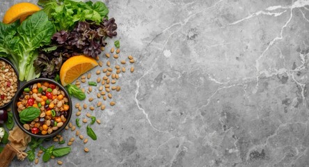 Fototapeta premium Top view of colorful vegan detox food with fresh leafy greens and grains on grey textured marble surface