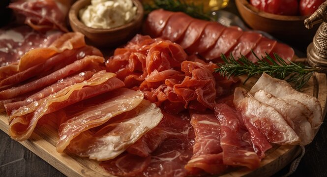Sliced prosciutto and capicola with other Italian deli meats on a decorative charcuterie board