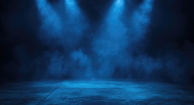 Stage with concrete floor and dark blue neon backdrop in smoky studio setting