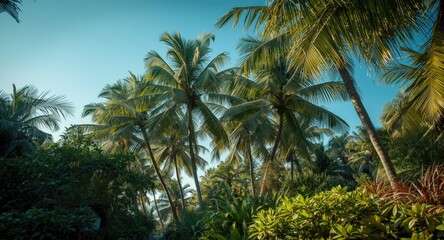 Obraz premium summertime resort palms surrounded by mixed tropical plant textures