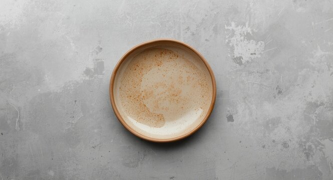 View from above of a round handmade pottery plate with a bumpy surface on a clean gray concrete surface