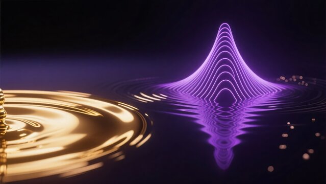 金色の波紋と紫色の光の線で構成された波紋が並ぶ様子