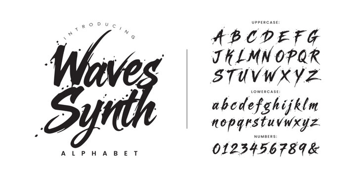 Waves Synth Brush Script Alphabet Font with Splatter Texture for Streetwear Logo and Poster Design
