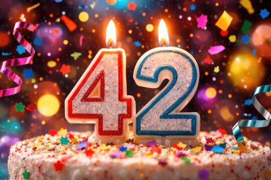 Festive candle with number 42 and vibrant party confetti
