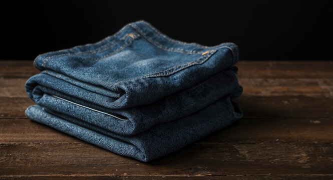 stack of denim jeans on a coarse textured wooden table top