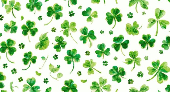 Watercolor pattern of shamrocks and clover on white background for festive springtime decoration