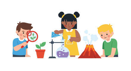 Three diverse children are happily engaged in various science experiments, including biology, chemistry, and geology, on a clean white background. © Ahmad