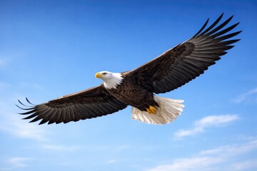 Fototapeta premium Majestic Bald Eagle soaring high in clear blue sky
