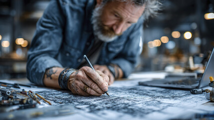Obraz premium Man drawing architectural blueprint with pencil on large paper in workshop focused on detailed design work with laptop nearby and tools scattered on table