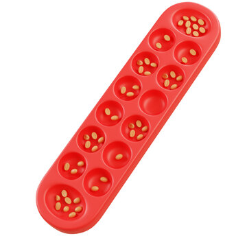 Abstract 3D dakon board with rounded holes red surface isolated on white background representing traditional Indonesian game educational toy concept